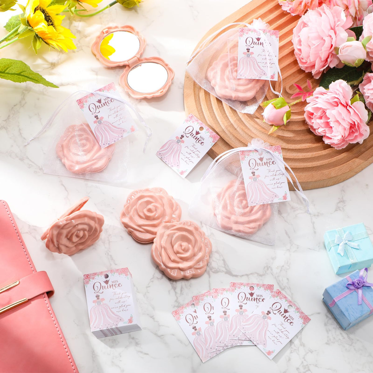 Champagne pink color palette matching the rose design and party theme.