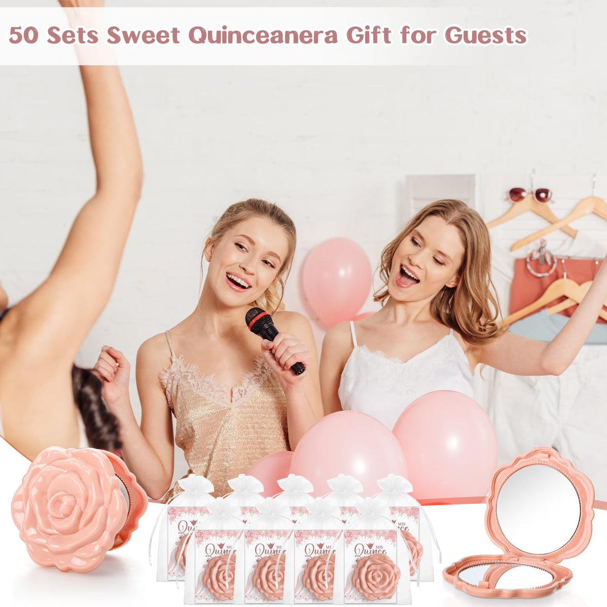 Wenqik Quinceanera party favor set with mirrors, cards, and bags.