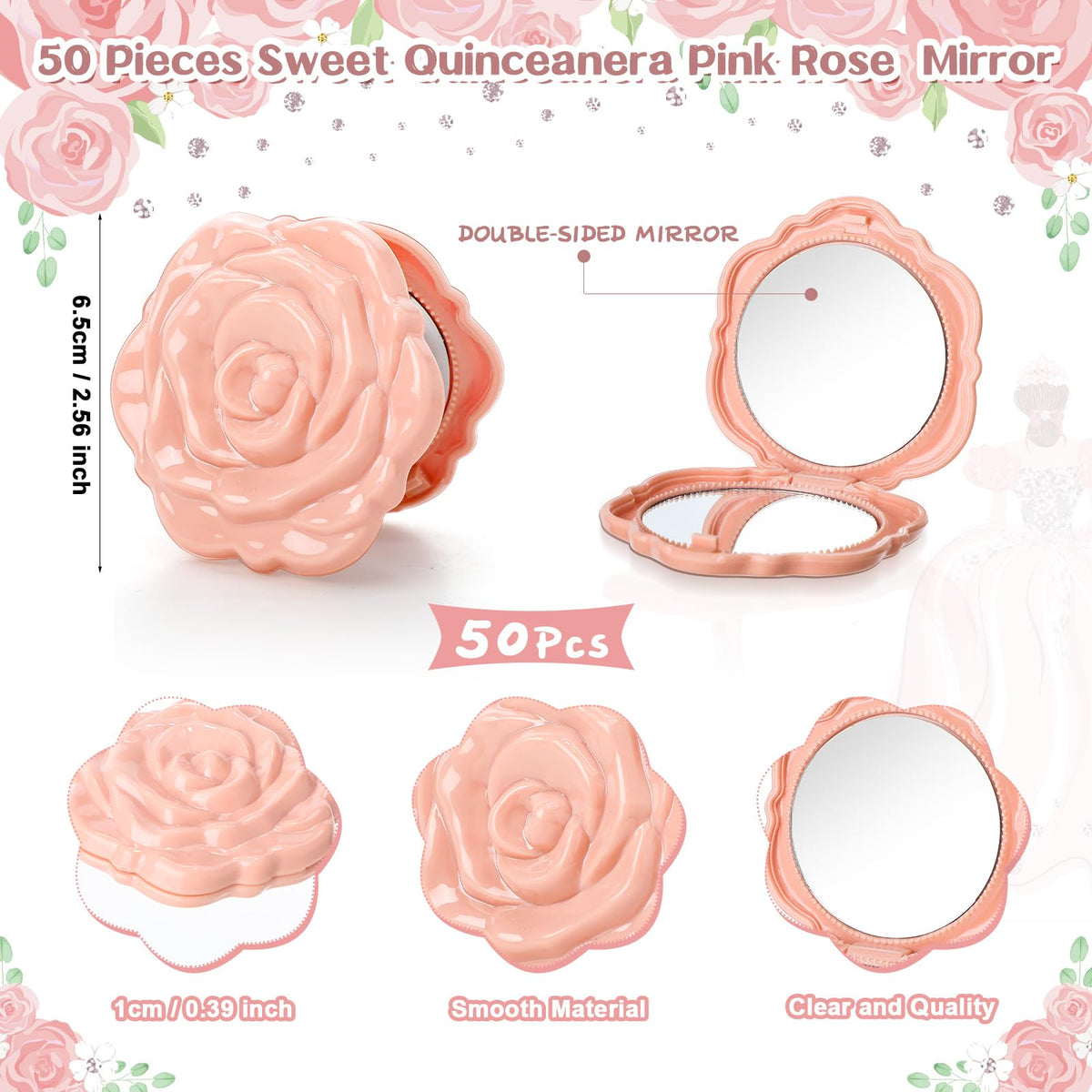 Open-view of Wenqik rose pocket mirror showing compact design and clear reflection.