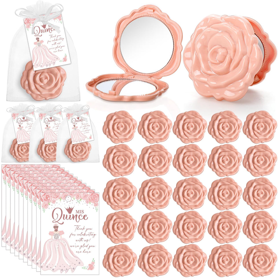 Wenqik Quinceanera rose pocket mirror—compact keepsake for guests and makeup touch-ups.