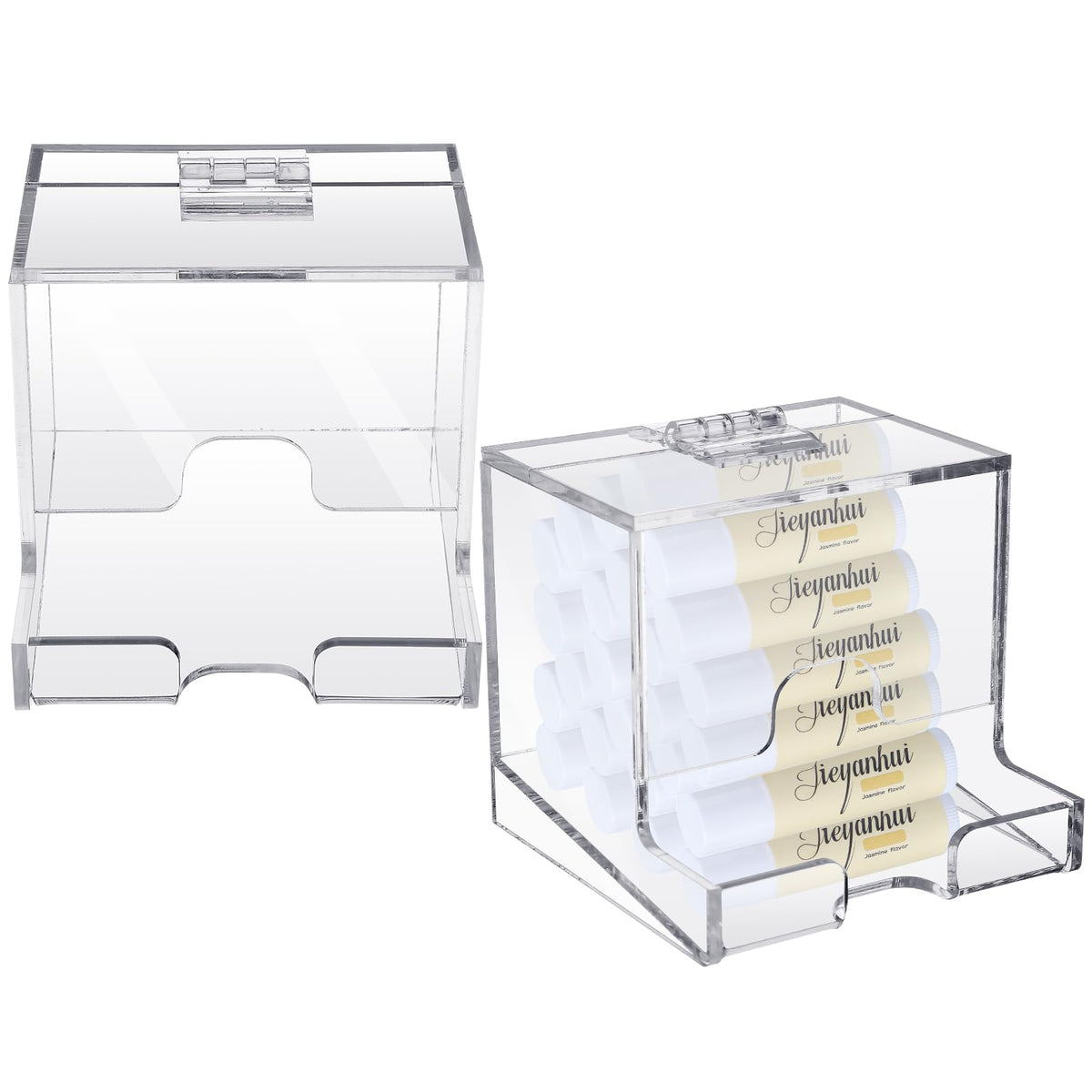 Wenqik two-pack clear acrylic lip balm dispenser on vanity for neat cosmetics organization