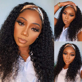 WENYAN Deep Wave headband wig, 18 inch, natural Brazilian virgin hair for versatile styling.