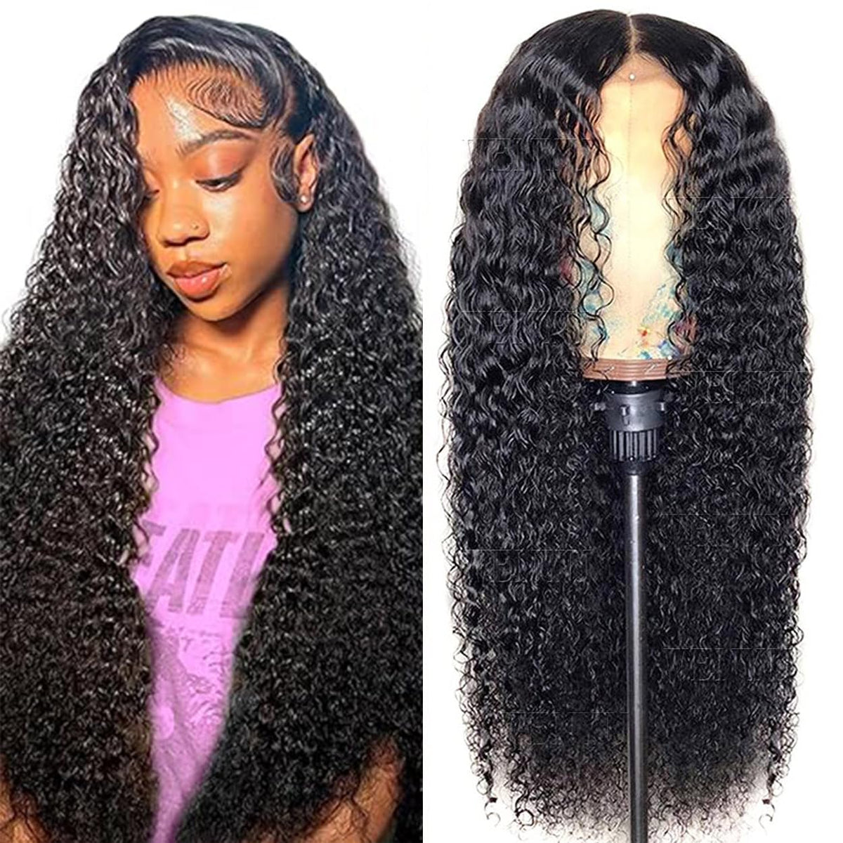 Wenyu 26-inch lace front curly wig closeup shows vibrant texture and natural shine.
