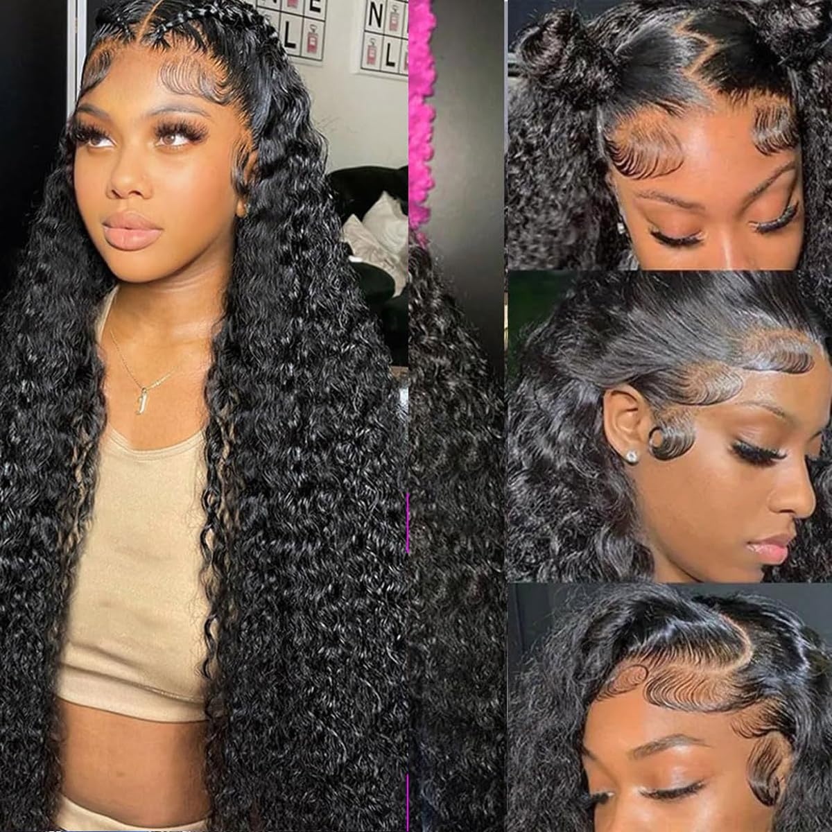 Wenyu Deep Wave wig close-up shows baby hairs for a realistic look.