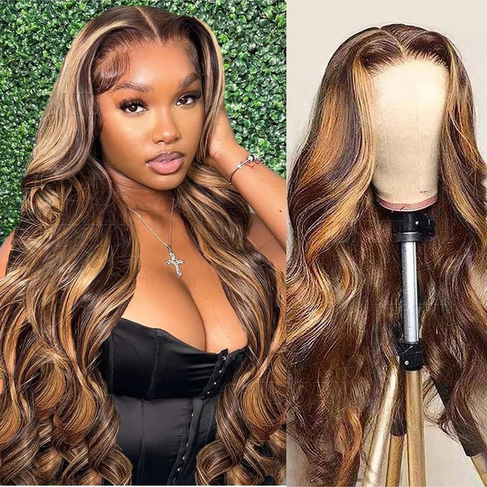 Wenyu honey blonde ombre lace front wig worn on model showing natural length and volume