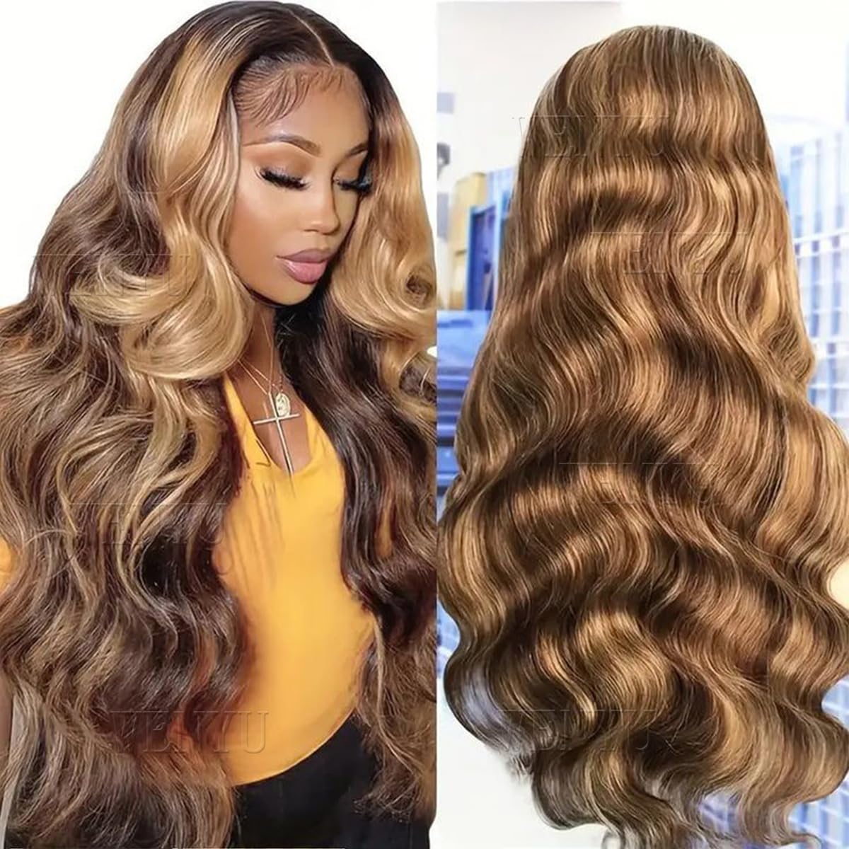 Wenyu Honey Blonde Ombre lace front wig showing 4-inch lace for seamless blend.