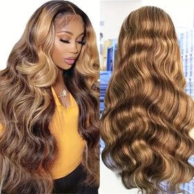 Wenyu Honey Blonde Ombre lace front wig showing 4-inch lace for seamless blend.