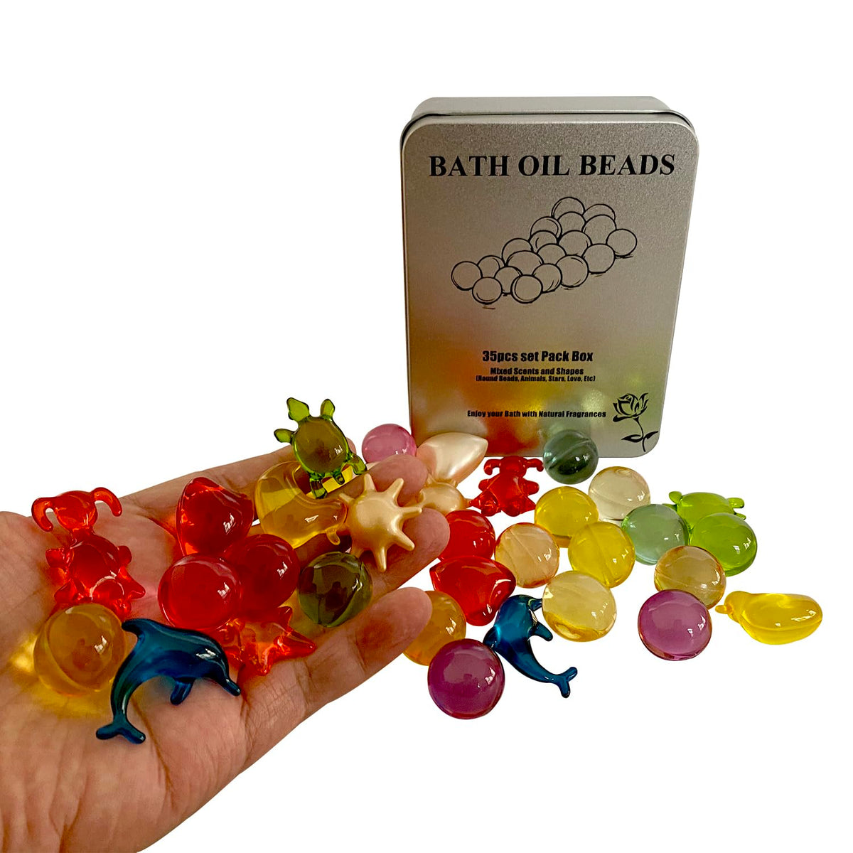 Colorful beads melt in water, creating a moisturized, scented bath experience.