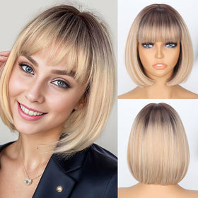 WERD blonde bob wig with bangs, front view, 12-inch length for versatile styling.