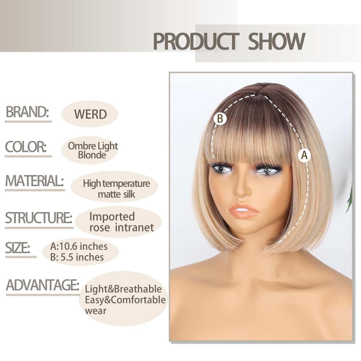 WERD ombre blonde short wig, side view showing gradient color and length.