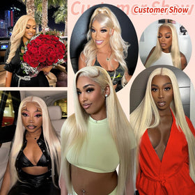 Werkueen model wearing 32-inch blonde wig to demonstrate length and movement