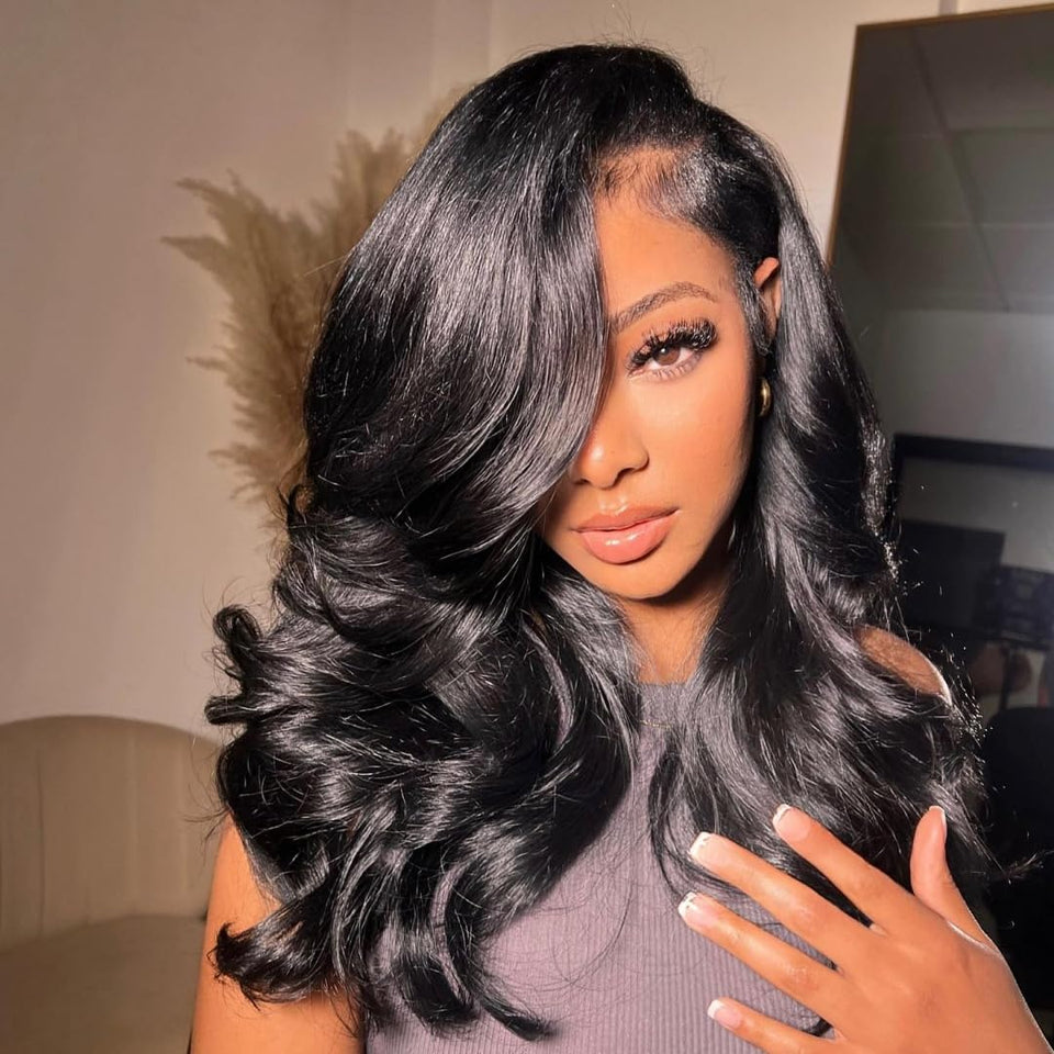 West Kiss 250 density body wave wig with side part offers voluminous natural styling