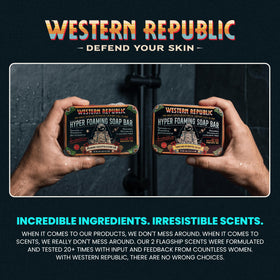 Western Republic Soap Bars on counter scene suggesting travel-ready cleansing companion.