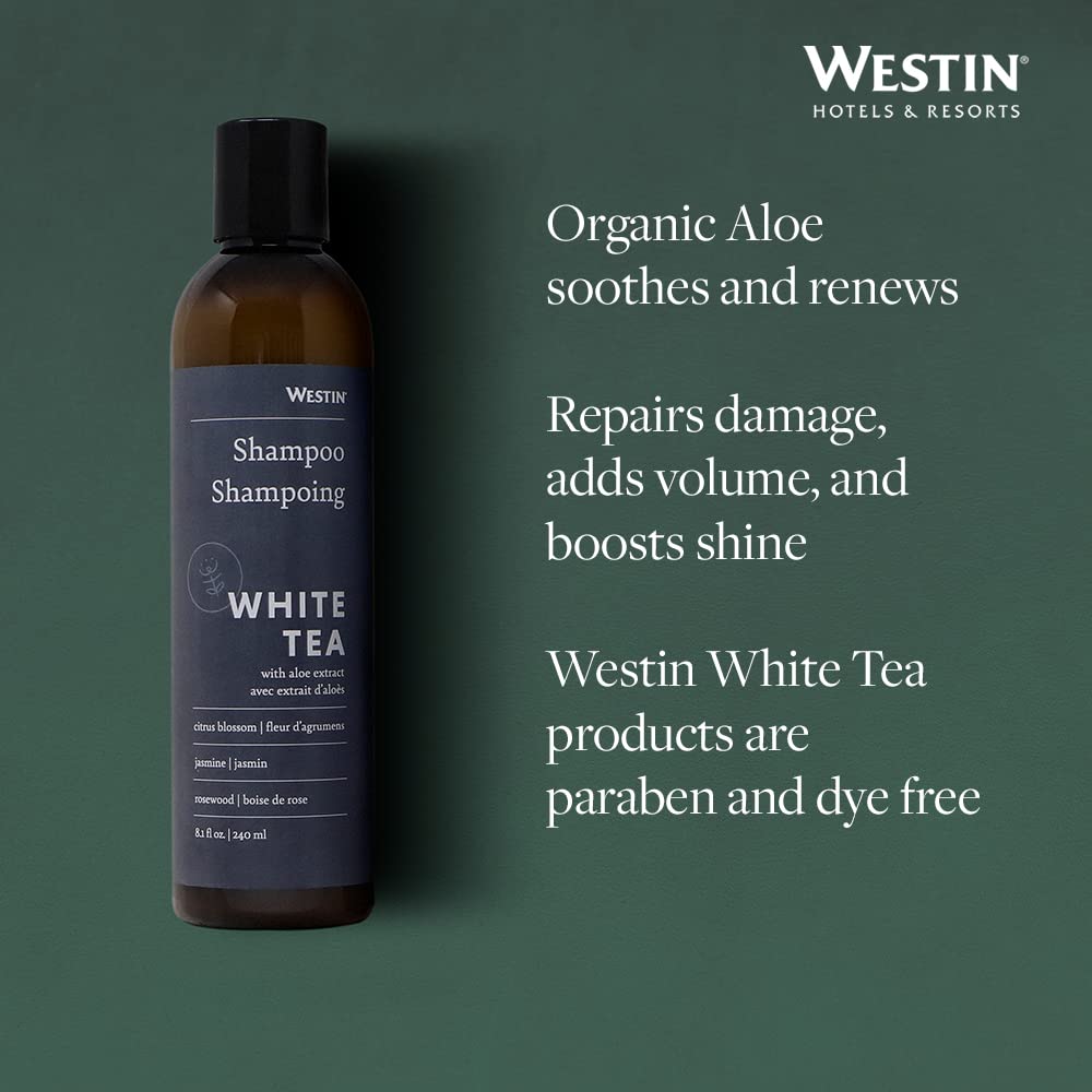 Westin White Tea Aloe Shampoo foamy lather on damp hair, adds shine.