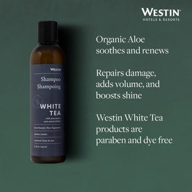 Westin White Tea Aloe Shampoo foamy lather on damp hair, adds shine.