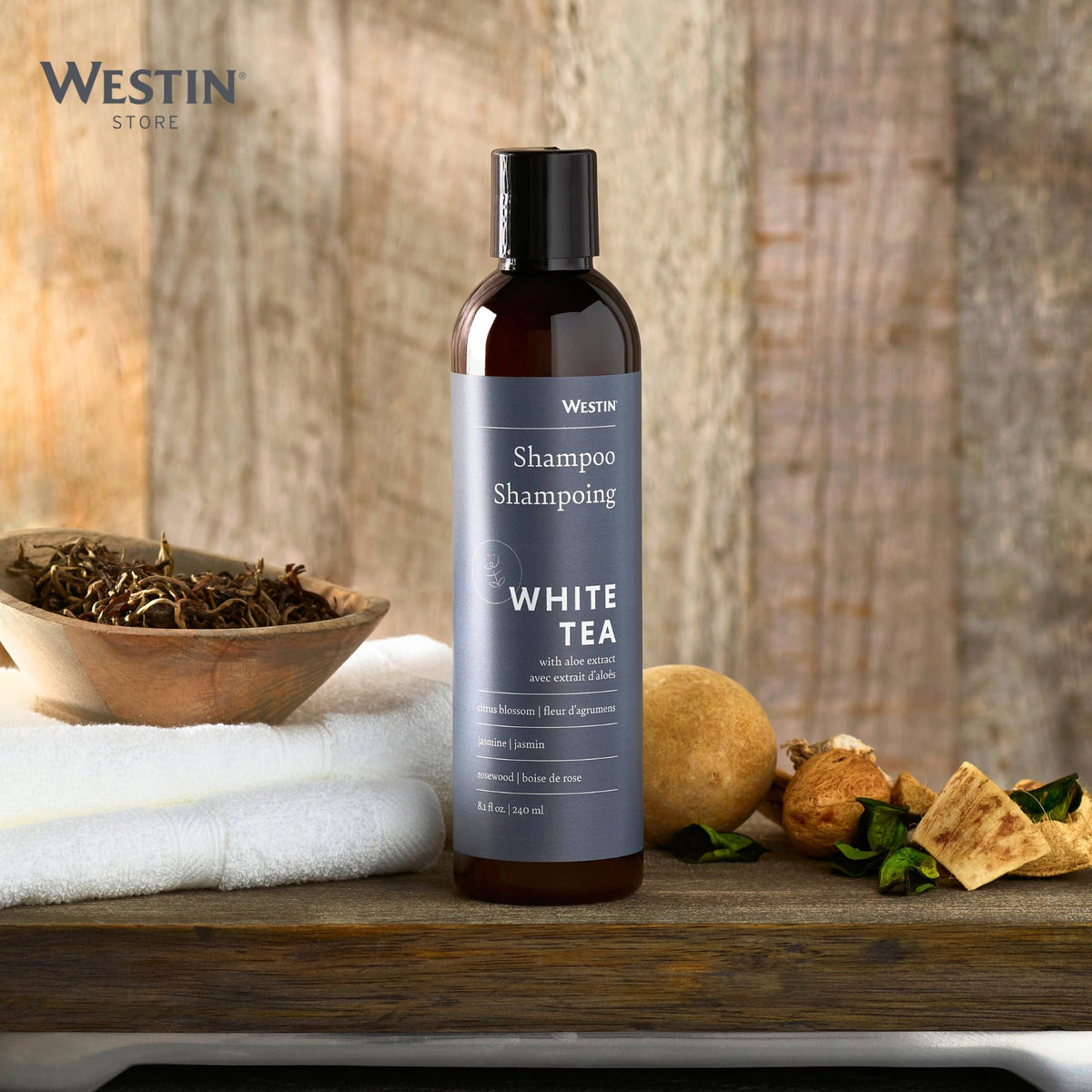 Westin White Tea Aloe Shampoo ingredients close-up, antioxidants highlighted.