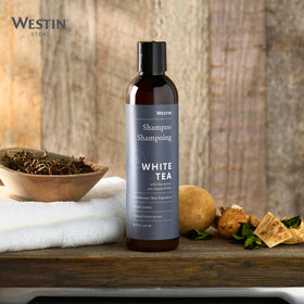 Westin White Tea Aloe Shampoo ingredients close-up, antioxidants highlighted.