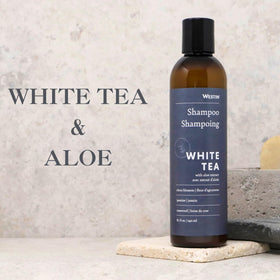 Westin White Tea Aloe Shampoo label close-up, signature scent.