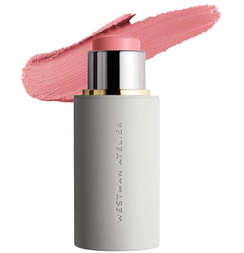 Westman Atelier Baby Cheeks Blush Stick Petal swatch on cheek for natural glow