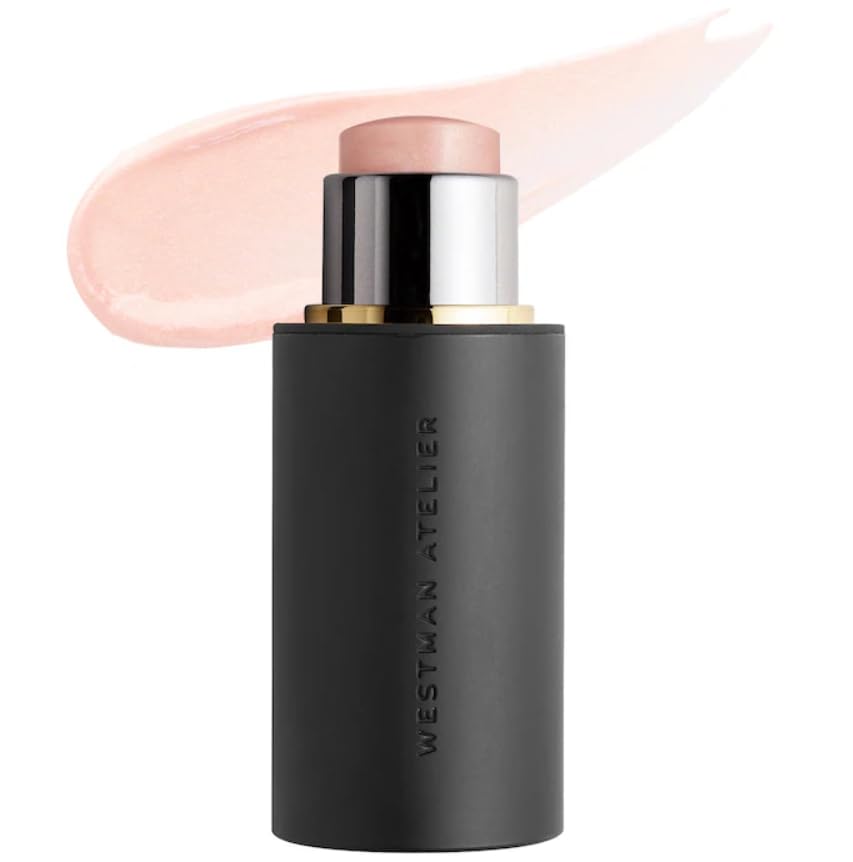 Westman Atelier Lit Up Highlighter Stick Nectar enhances cheekbone glow for radiant definition.