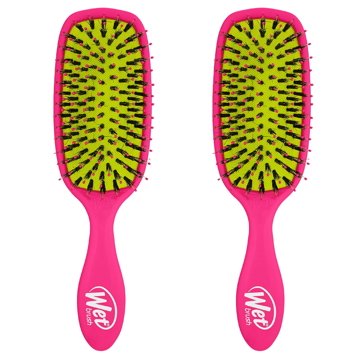 Wet Brush Shine Enhancer pink handle close-up, soft IntelliFlex bristles for gentle detangling.