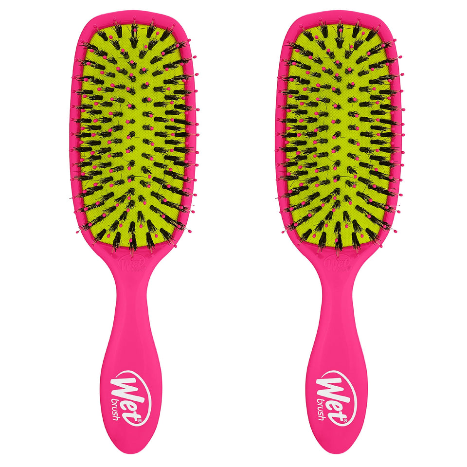 Wet Brush Shine Enhancer pink handle close-up, soft IntelliFlex bristles for gentle detangling.