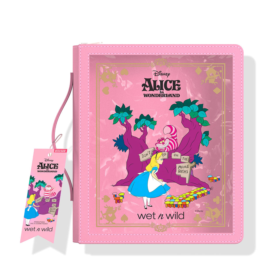 wet n wild alice in wonderland makeup bag front view, portable travel organizer for cosmetics