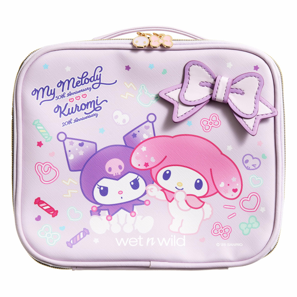 wet n wild My Melody and Kuromi makeup bag front design adds charming pastel flair for travel.