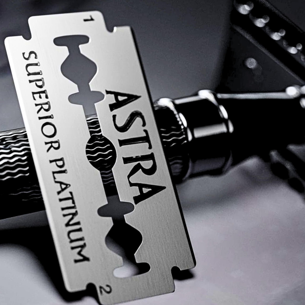 Wet-shaving setup featuring Astra Platinum blades for clean lines and comfortable glide.