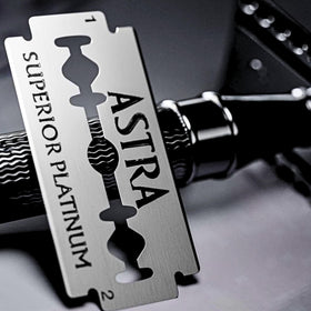 Wet-shaving setup featuring Astra Platinum blades for clean lines and comfortable glide.