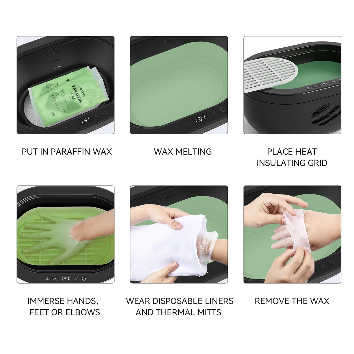 WeWax warm paraffin bath with melt pool for comfort and hydration.