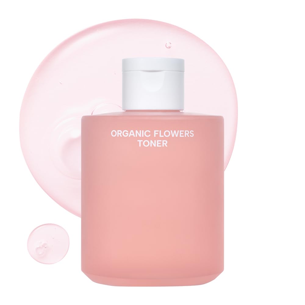 Whamisa Organic Flowers Toner bottle close-up with rose infusion for hydration.