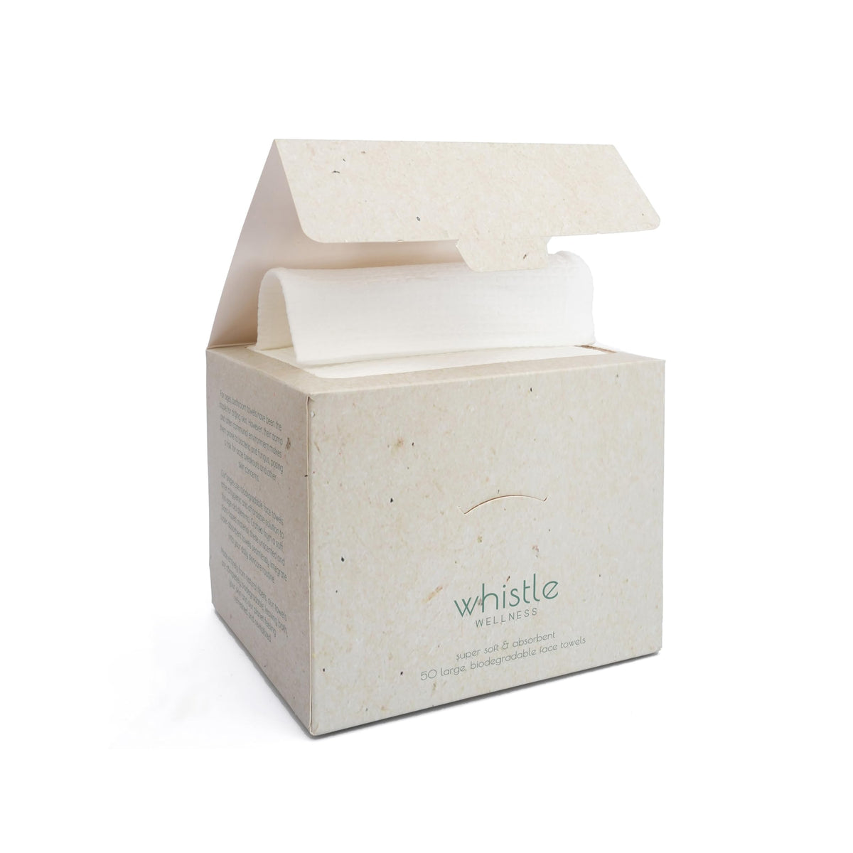 Whistle Wellness disposable face towel in resealable box, ideal for travel.