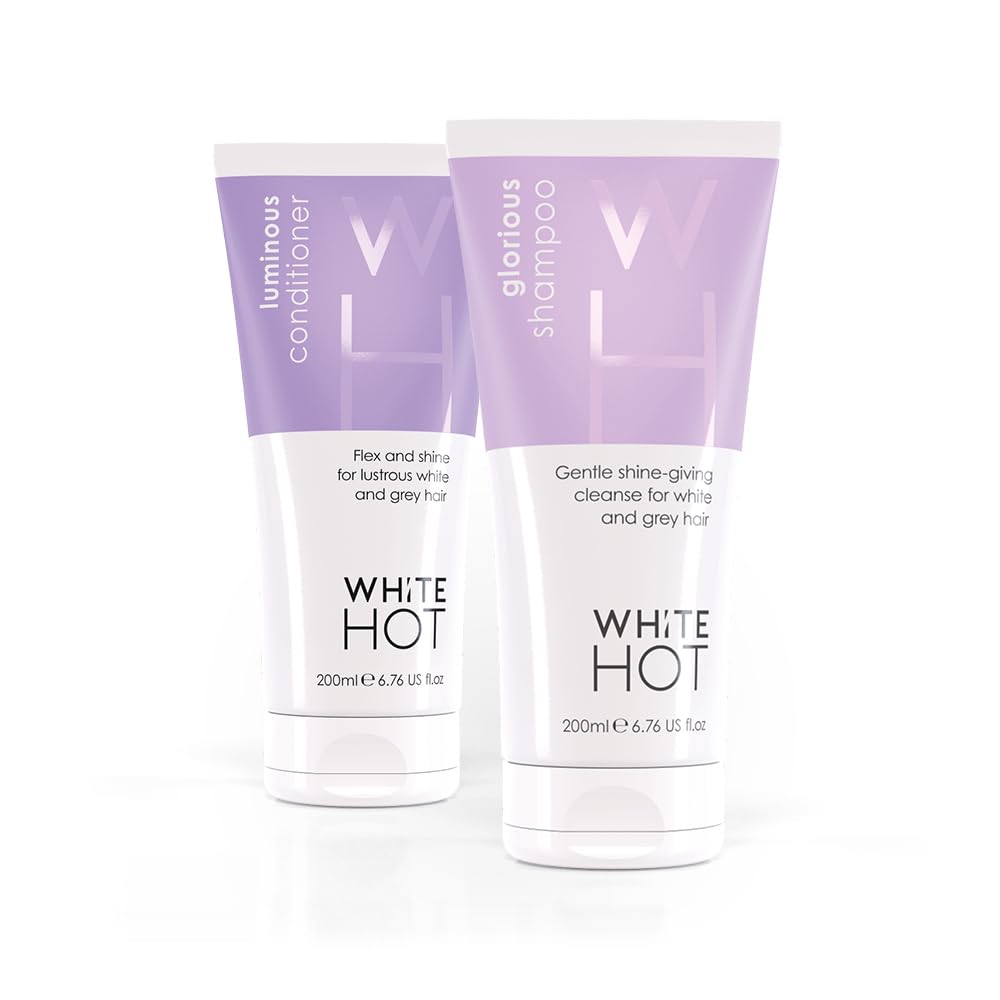 White Hot Shine Duo shampoo bottle shows cleansing action for glossy white and grey hair