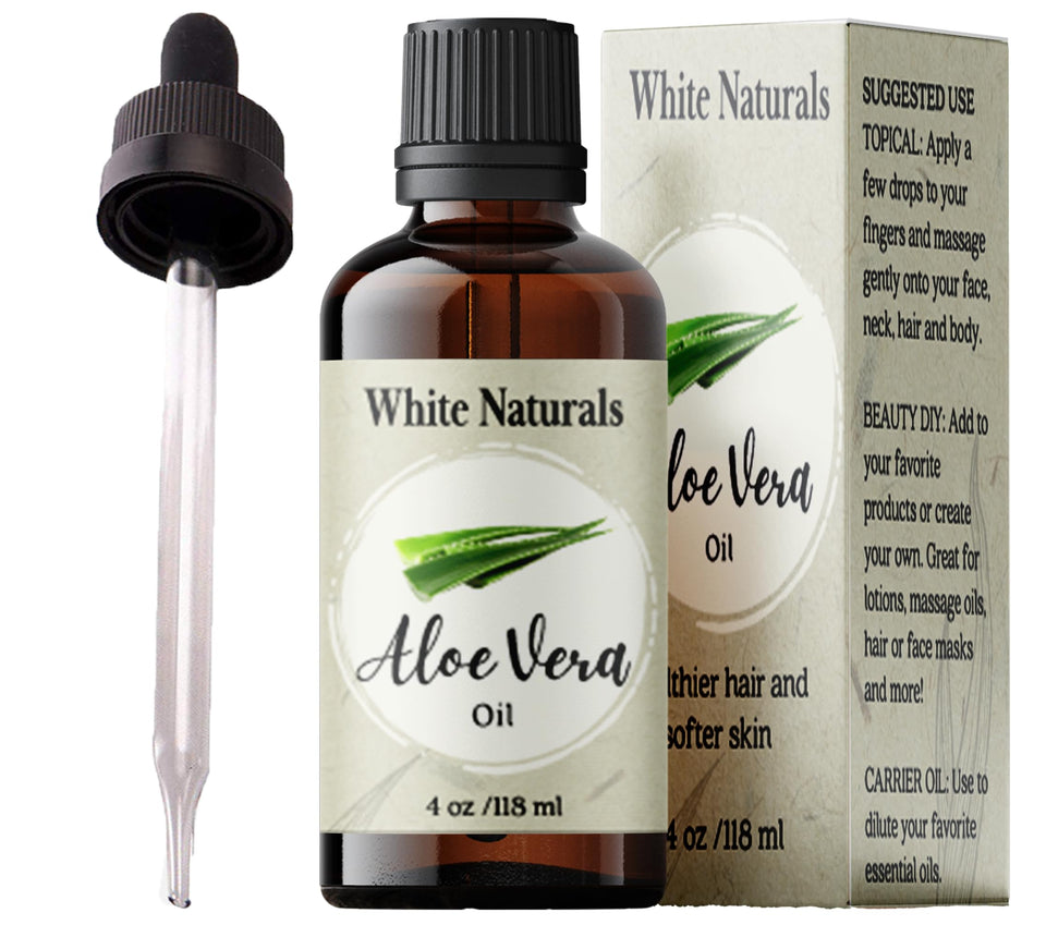 White Naturals Aloe Vera Oil in amber bottle for deep hydration and nourishment.