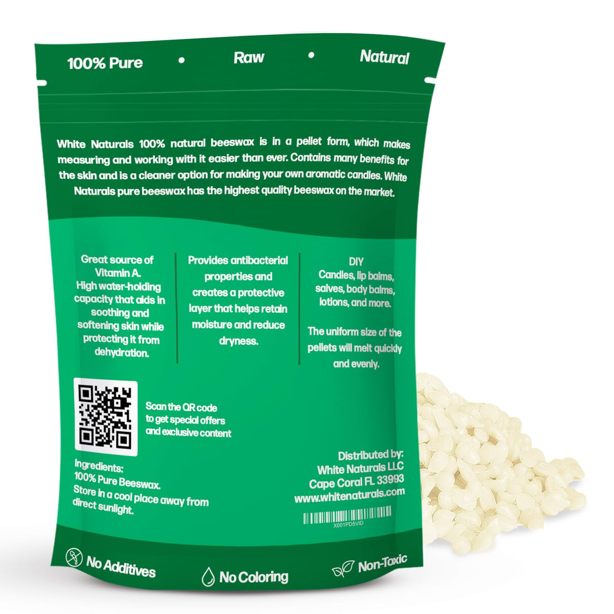 White Naturals cosmetic-grade beeswax pellets close-up showing smooth texture.