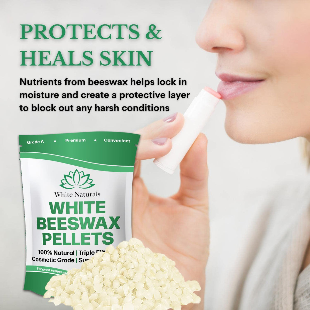 White Naturals triple-filtered beeswax pellets for pure DIY projects.