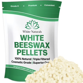 White Naturals beeswax pellets packaging, ideal for DIY cosmetics and candles.