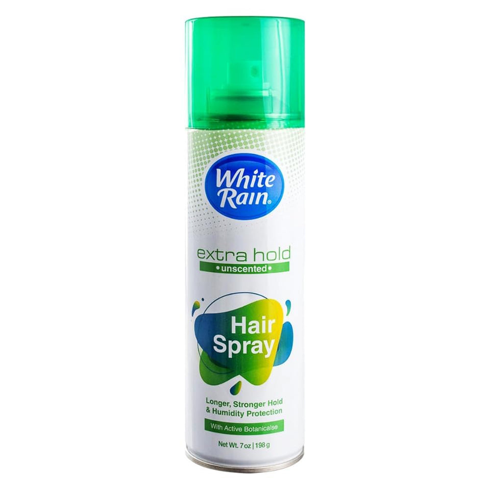 White Rain Extra Hold Unscented bottle front showing fragrance-free, lasting hold
