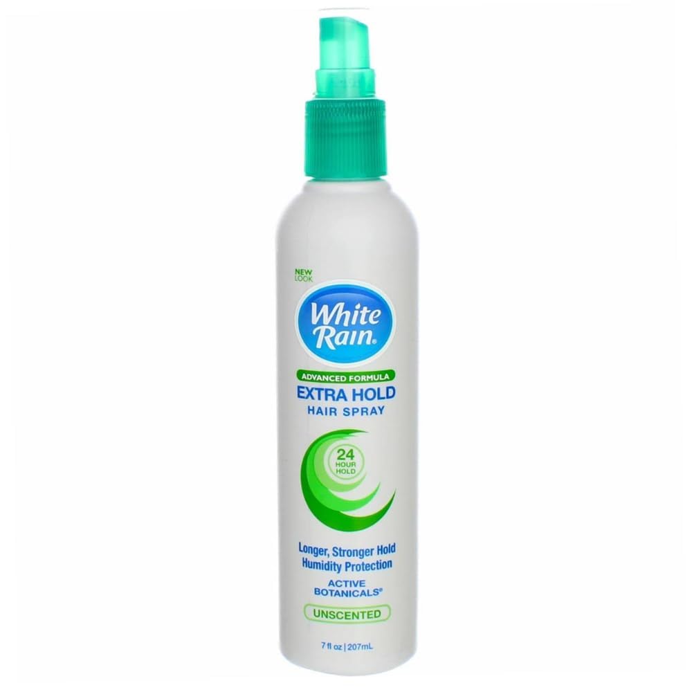 White Rain extra hold unscented hairspray 7oz bottle maintains style without residue