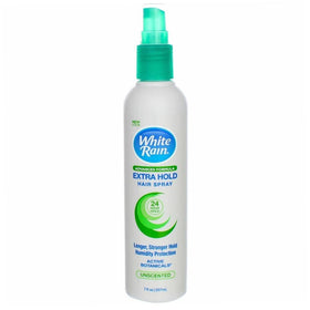White Rain extra hold unscented hairspray 7oz bottle maintains style without residue