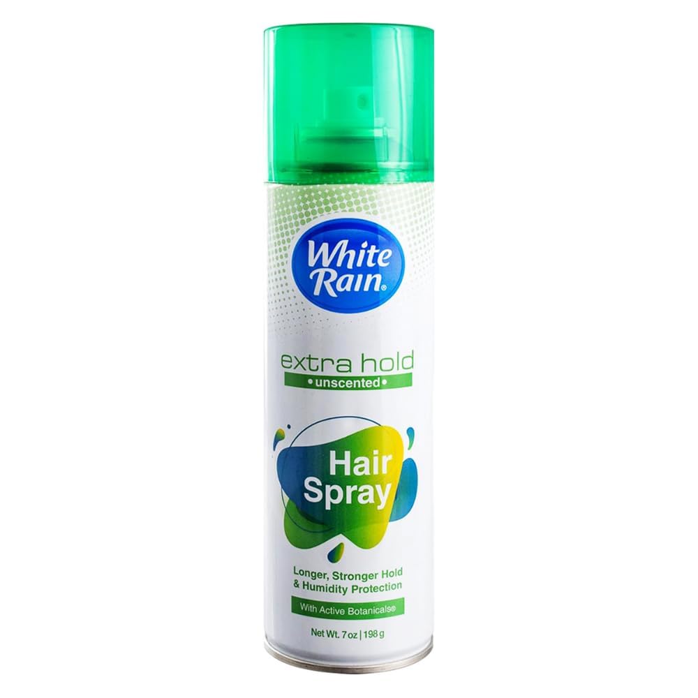 White Rain extra-hold unscented hairspray bottle delivering strong hold and quick drying.
