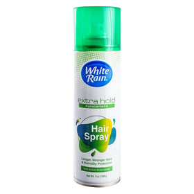 White Rain extra-hold unscented hairspray bottle delivering strong hold and quick drying.