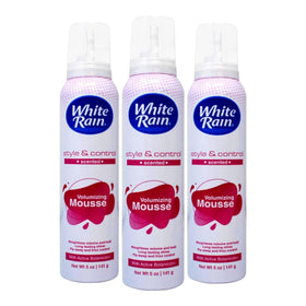 White Rain Volumizing Mousse bottle close-up highlighting lightweight volume for fine hair