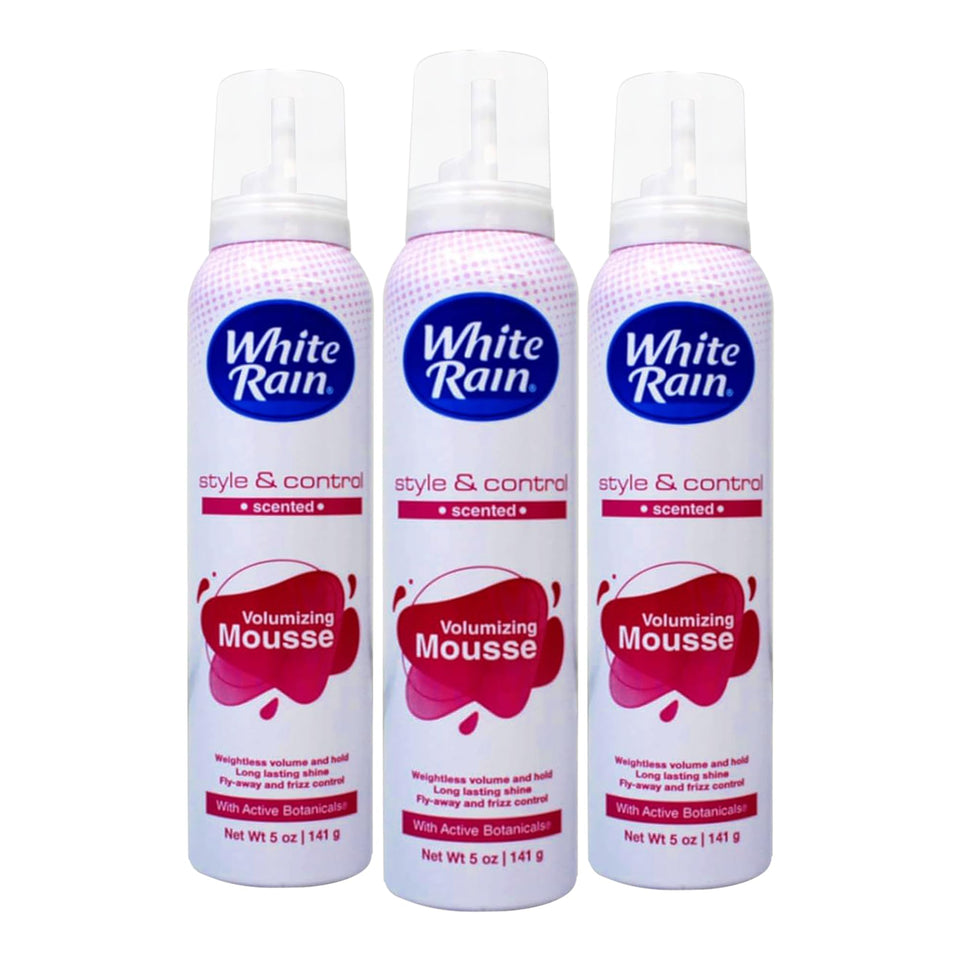 White Rain Volumizing Mousse bottle close-up highlighting lightweight volume for fine hair