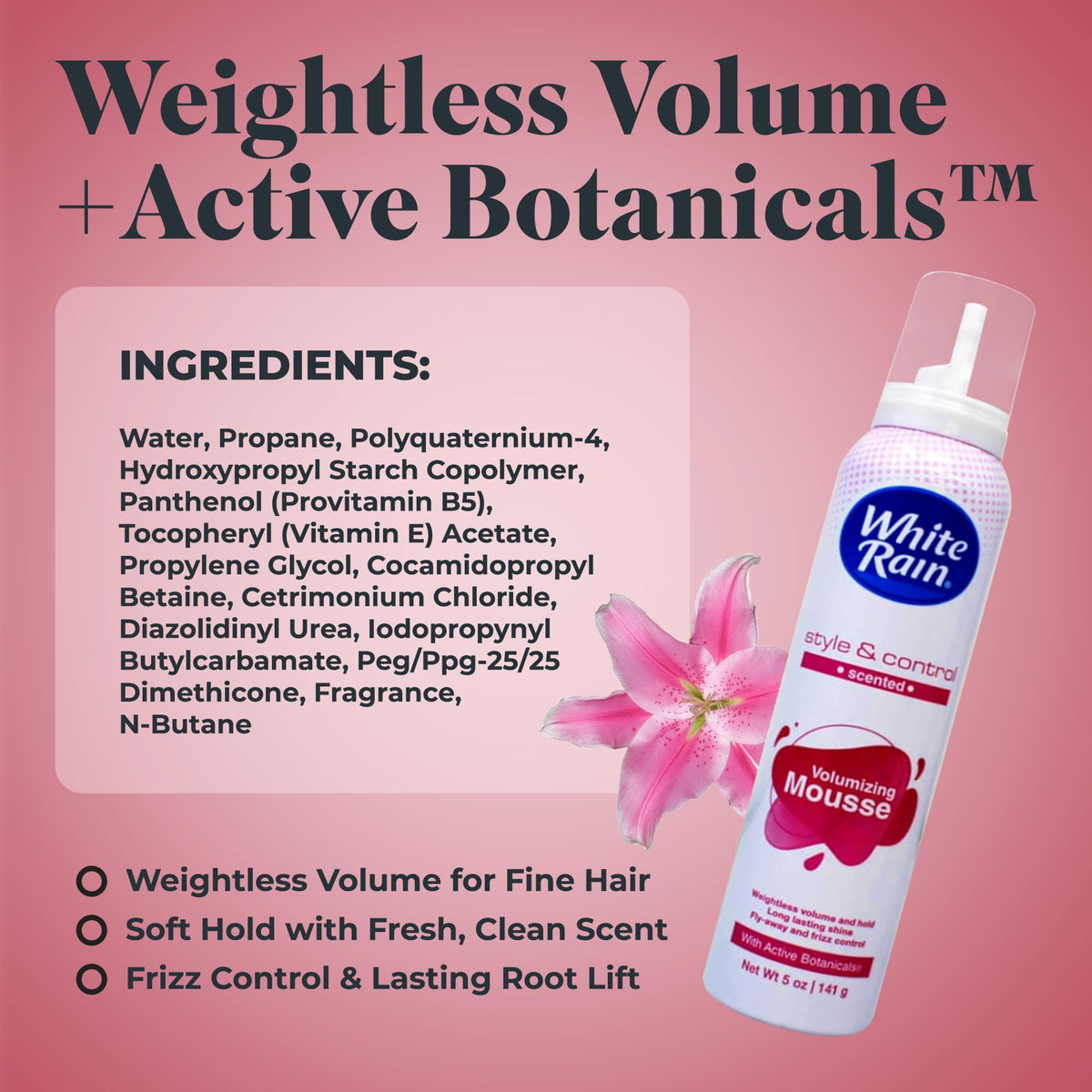 Three-pack packaging of White Rain Volumizing Mousse on display