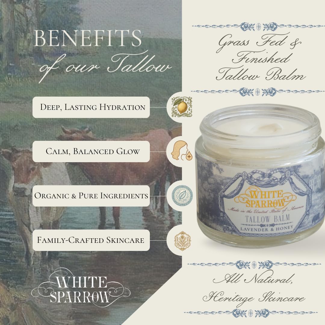 White Sparrow Farmacy grass-fed tallow ingredients list with olive oil and honey for nourished skin