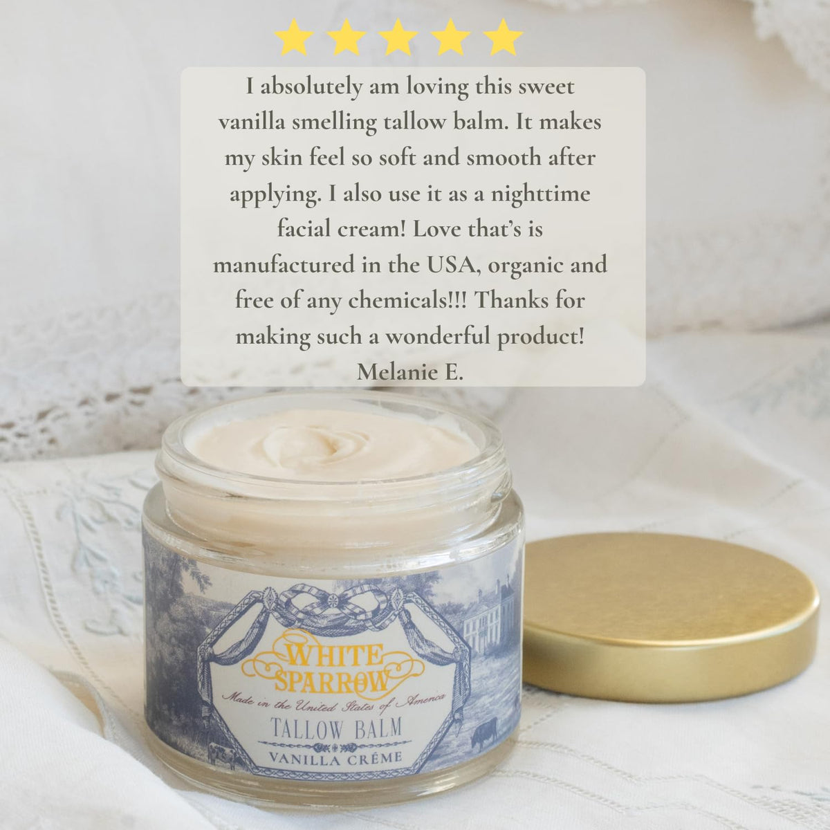 White Sparrow Farmacy ingredients: grass-fed tallow, olive oil, honey, beeswax