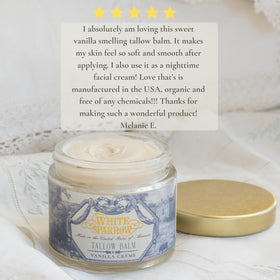 White Sparrow Farmacy ingredients: grass-fed tallow, olive oil, honey, beeswax