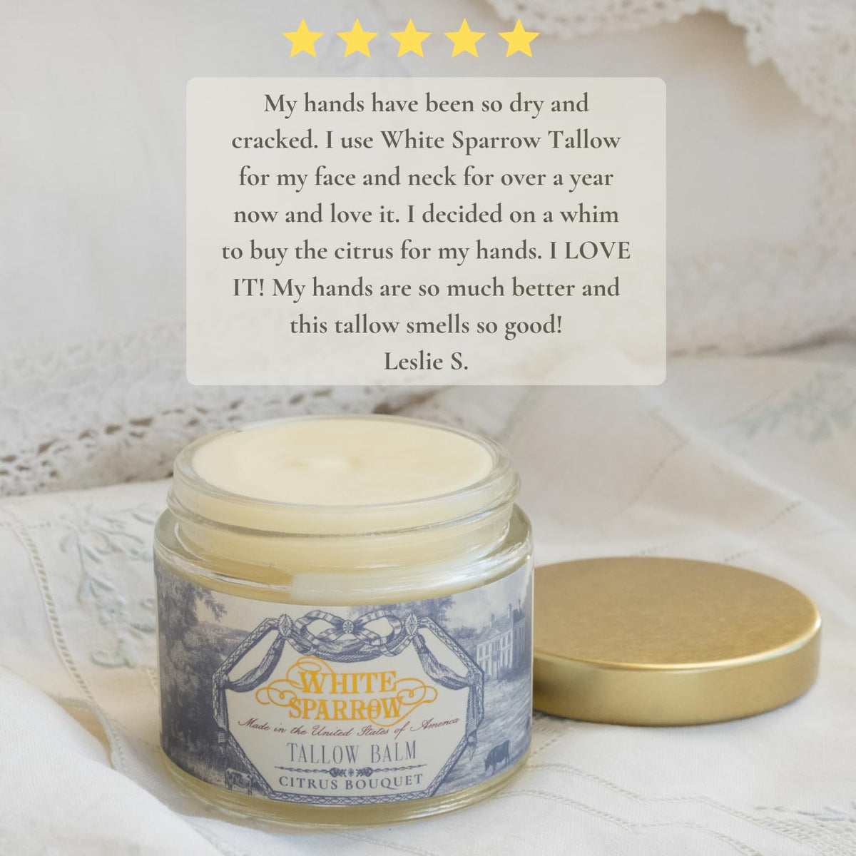 Applying White Sparrow Farmacy tallow balm on the skin to illustrate smooth coverage.